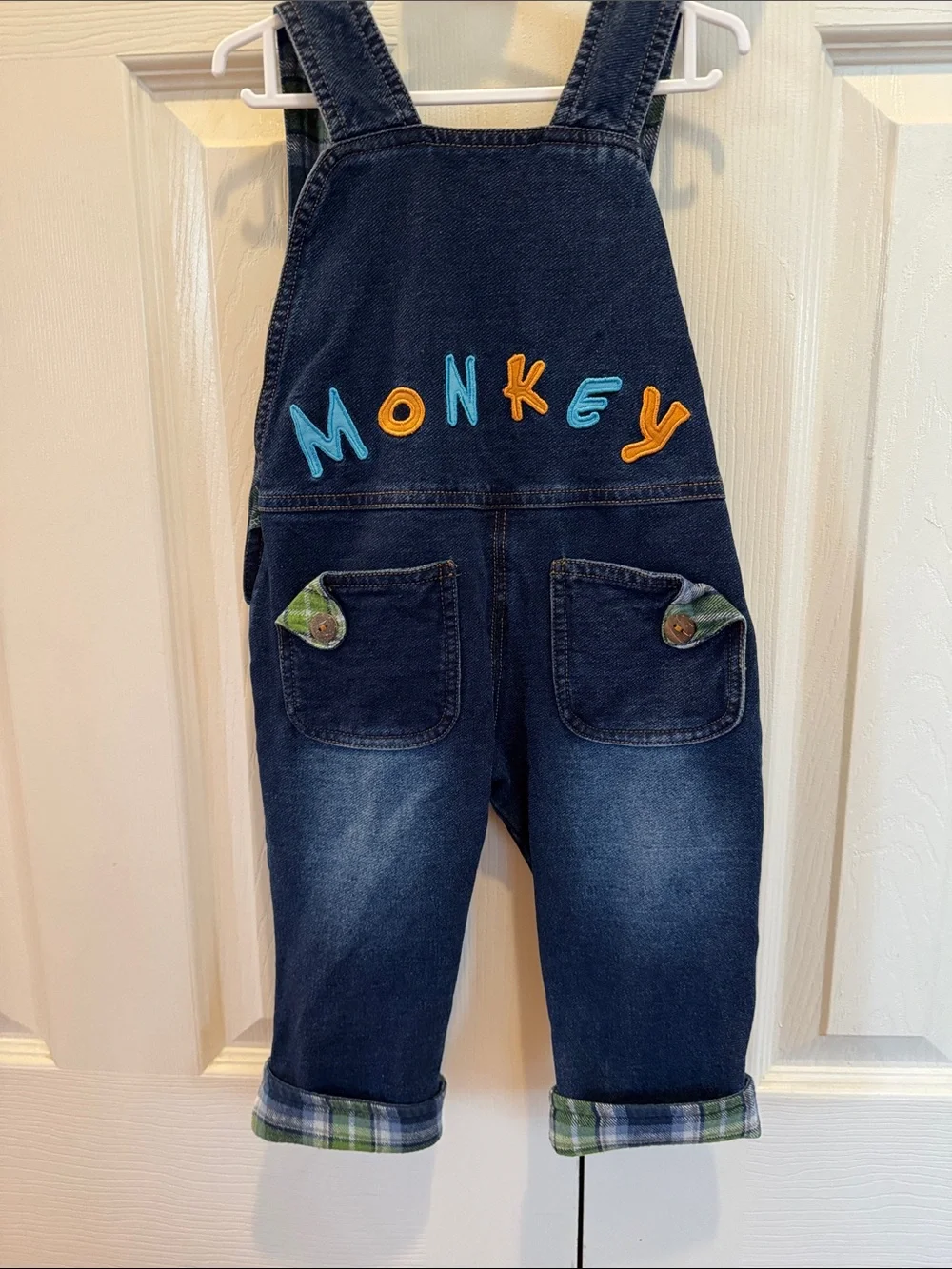 Junk Food Clothing Navy Denim Overalls with Monkey Appliqué